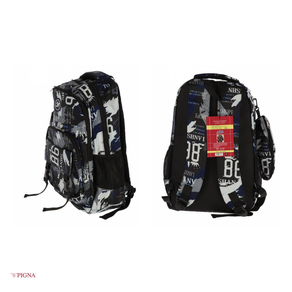 Ghiozdan Pigna Camuflaj Penar, din poliester, capacitate 15.5 l, pentru scoala generala, 3 fermoare, albastru, 29x13 cm [4]