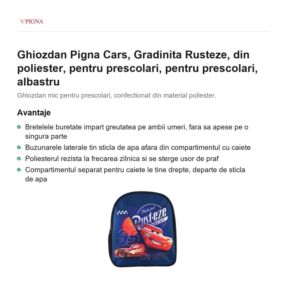 Ghiozdan Pigna Cars, din poliester, pentru prescolari, rusteze, albastru [2]