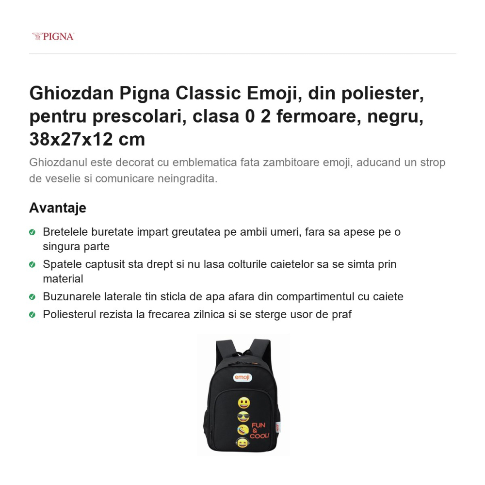 Ghiozdan Pigna Classic Emoji, din poliester, pentru prescolari, 2 fermoare, negru, 38x27x12 cm [2]