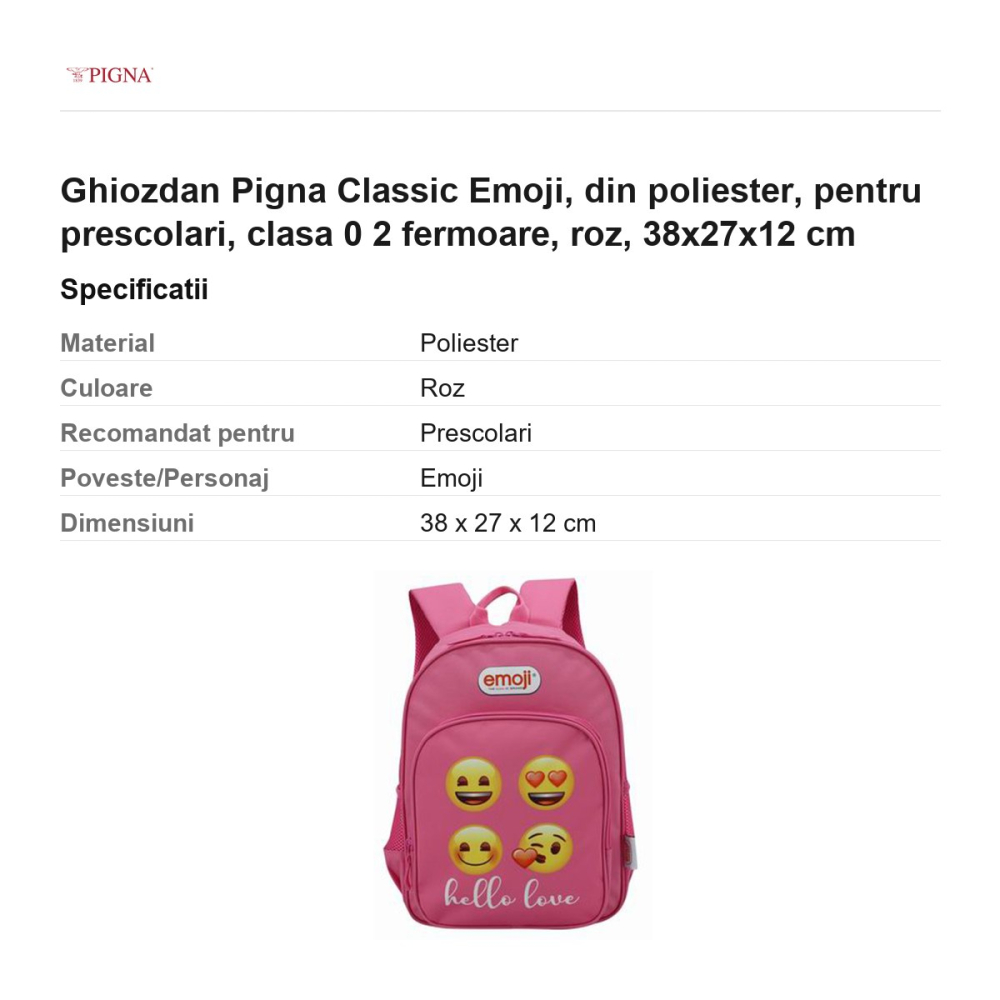Ghiozdan Pigna Classic Emoji, din poliester, pentru prescolari, 2 fermoare, roz, 38x27x12 cm [3]