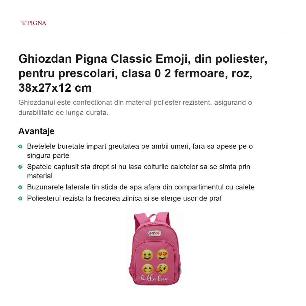 Ghiozdan Pigna Classic Emoji, din poliester, pentru prescolari, 2 fermoare, roz, 38x27x12 cm [2]