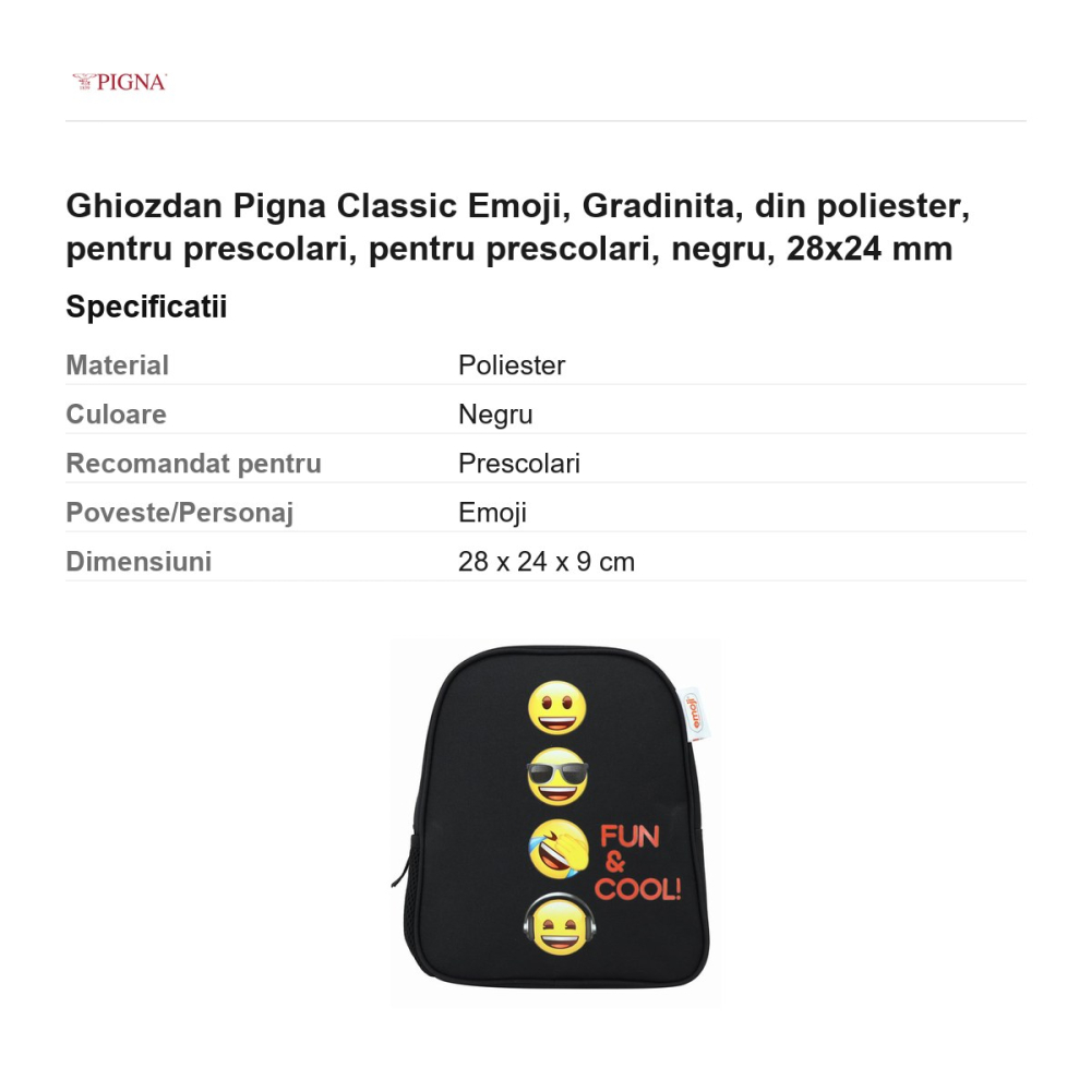 Ghiozdan Pigna Classic Emoji, din poliester, pentru prescolari, negru, 28x24 mm [3]