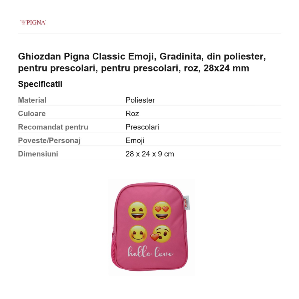 Ghiozdan Pigna Classic Emoji, din poliester, pentru prescolari, roz, 28x24 mm [3]