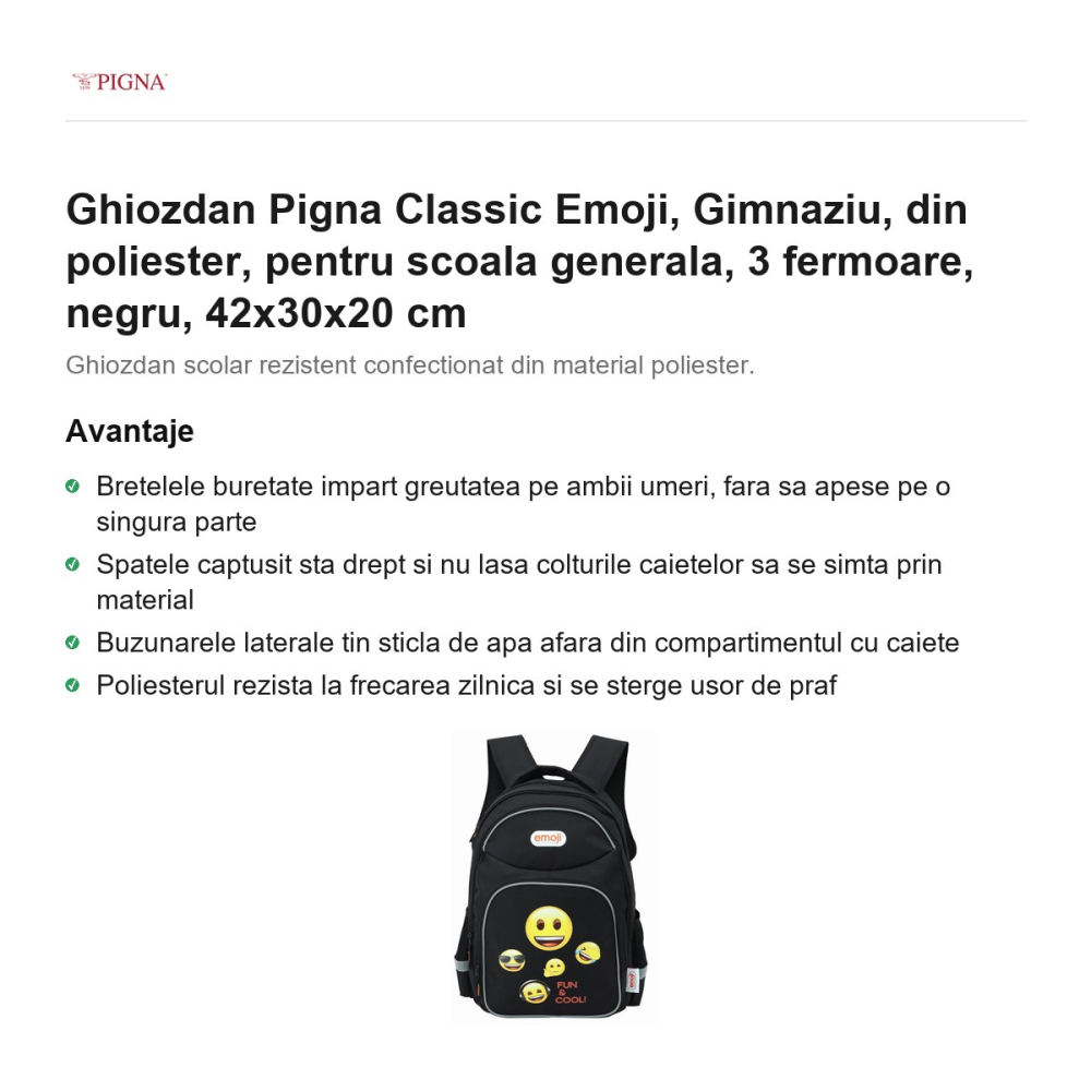Ghiozdan Pigna Classic Emoji, din poliester, pentru scoala generala, 3 fermoare, negru, 42x30x20 cm [2]