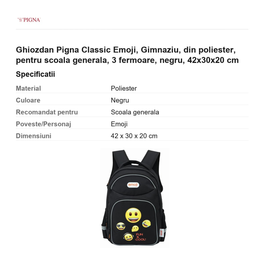 Ghiozdan Pigna Classic Emoji, din poliester, pentru scoala generala, 3 fermoare, negru, 42x30x20 cm [3]