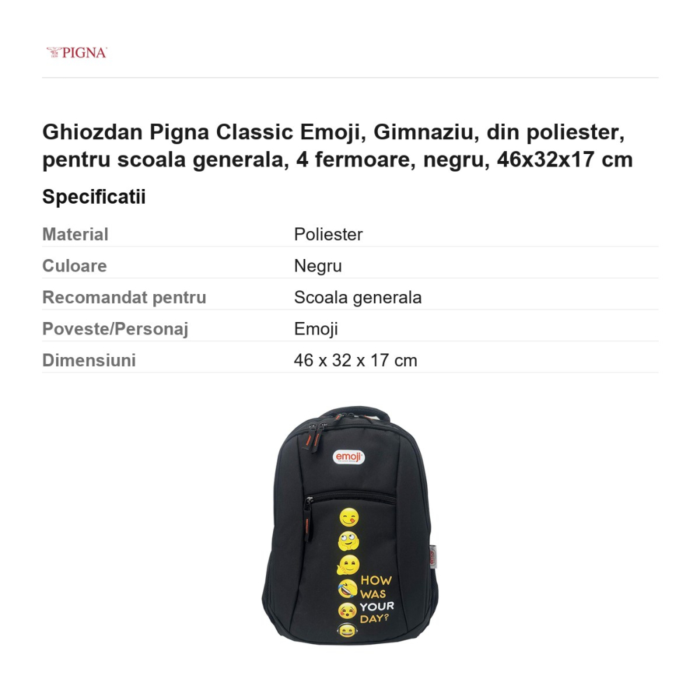 Ghiozdan Pigna Classic Emoji, din poliester, pentru scoala generala, 4 fermoare, negru, 46x32x17 cm [3]