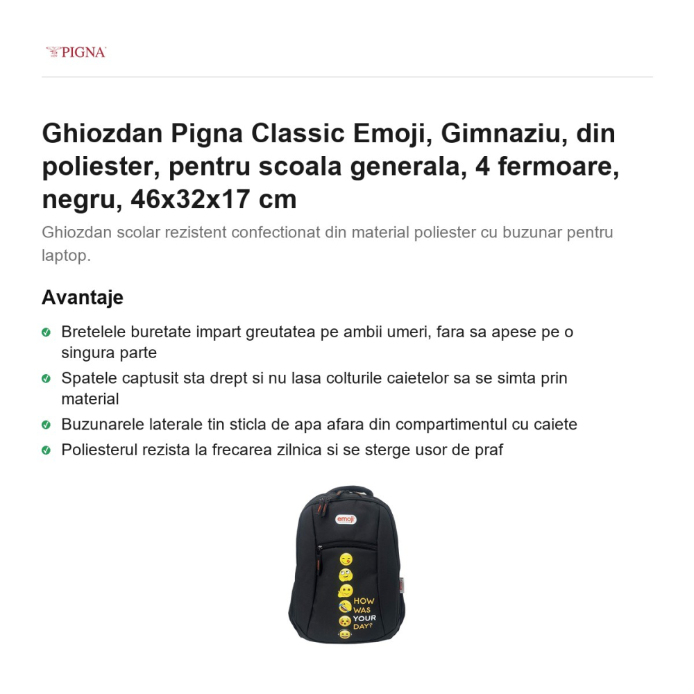 Ghiozdan Pigna Classic Emoji, din poliester, pentru scoala generala, 4 fermoare, negru, 46x32x17 cm [2]