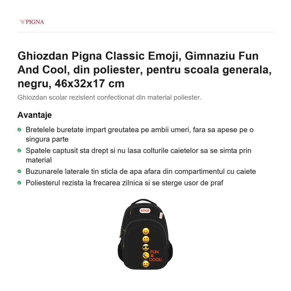 Ghiozdan Pigna Classic Emoji, din poliester, pentru scoala generala, fun and cool, negru, 46x32x17 cm [2]