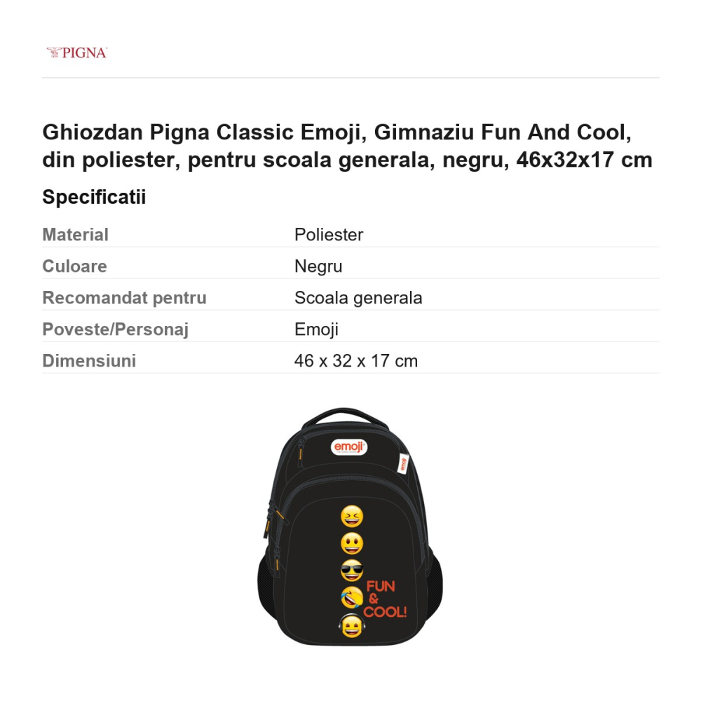 Ghiozdan Pigna Classic Emoji, din poliester, pentru scoala generala, fun and cool, negru, 46x32x17 cm [3]