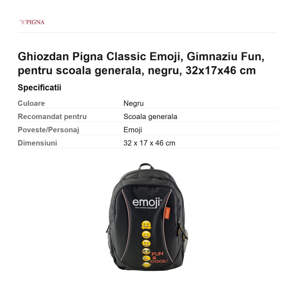 Ghiozdan Pigna Classic Emoji, pentru scoala generala, fun, negru, 32x17x46 cm [3]
