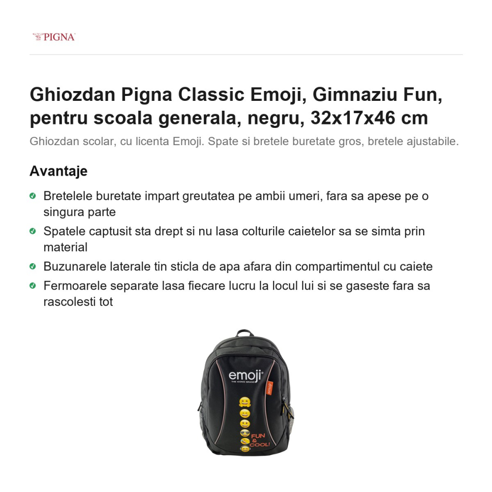 Ghiozdan Pigna Classic Emoji, pentru scoala generala, fun, negru, 32x17x46 cm [2]