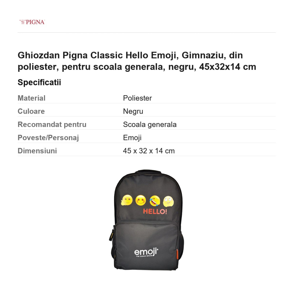 Ghiozdan Pigna Classic Hello Emoji, din poliester, pentru scoala generala, negru, 45x32x14 cm [3]