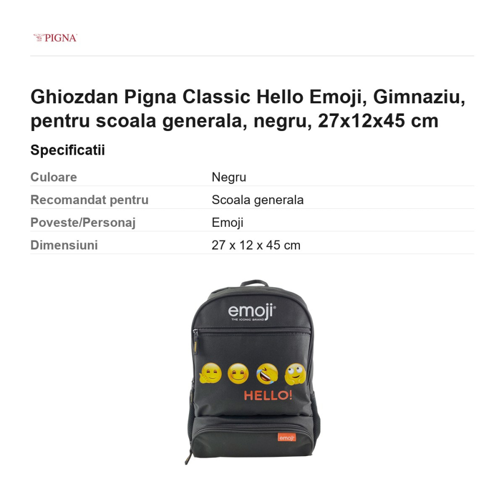 Ghiozdan Pigna Classic Hello Emoji, pentru scoala generala, negru, 27x12x45 cm [3]
