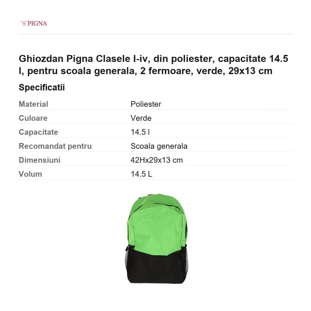 Ghiozdan Pigna, din poliester, capacitate 14.5 l, pentru scoala generala, I-IV 2 fermoare, verde, 29x13 cm [3]