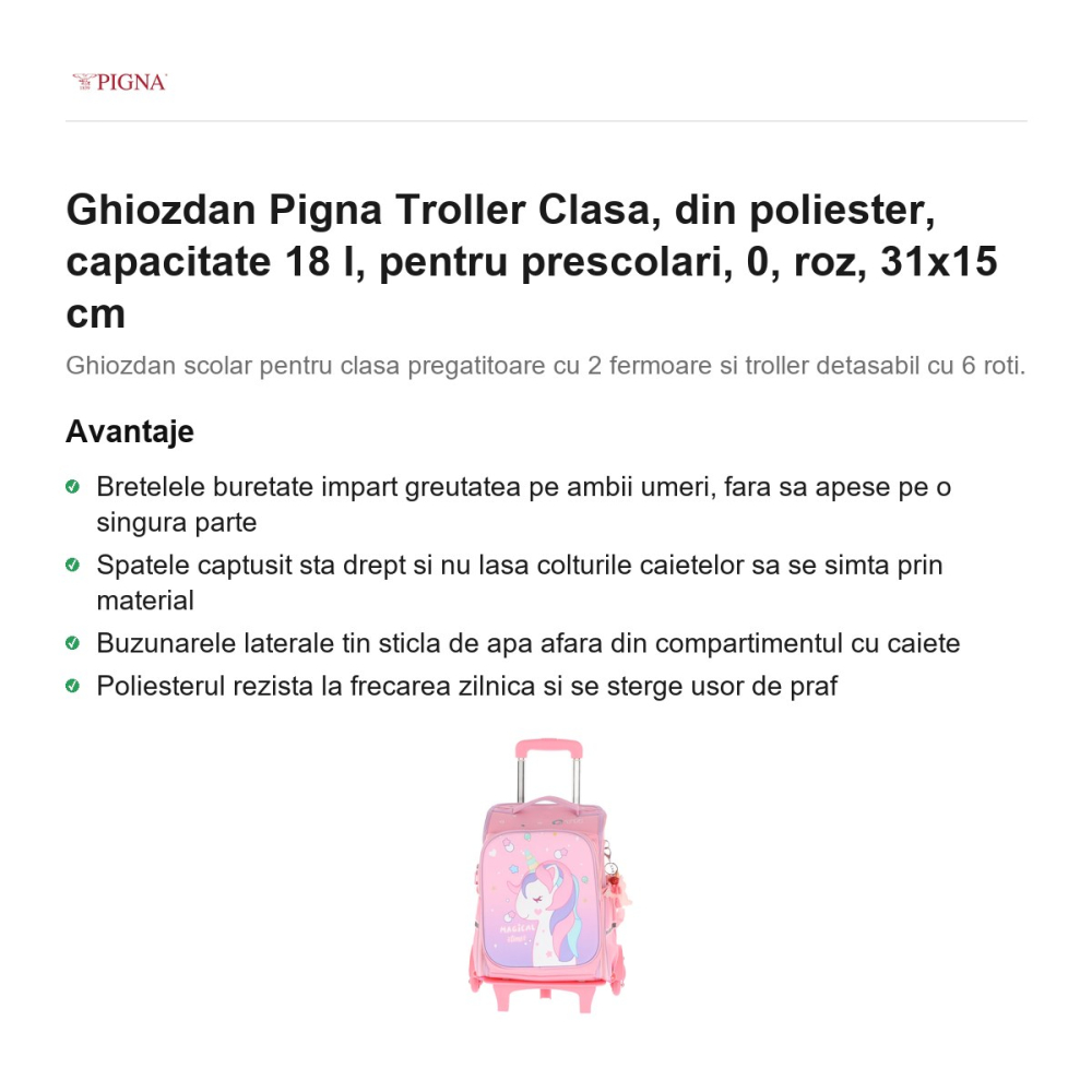Ghiozdan Pigna, din poliester, capacitate 18 l, pentru prescolari, troller, roz, 31x15 cm [2]
