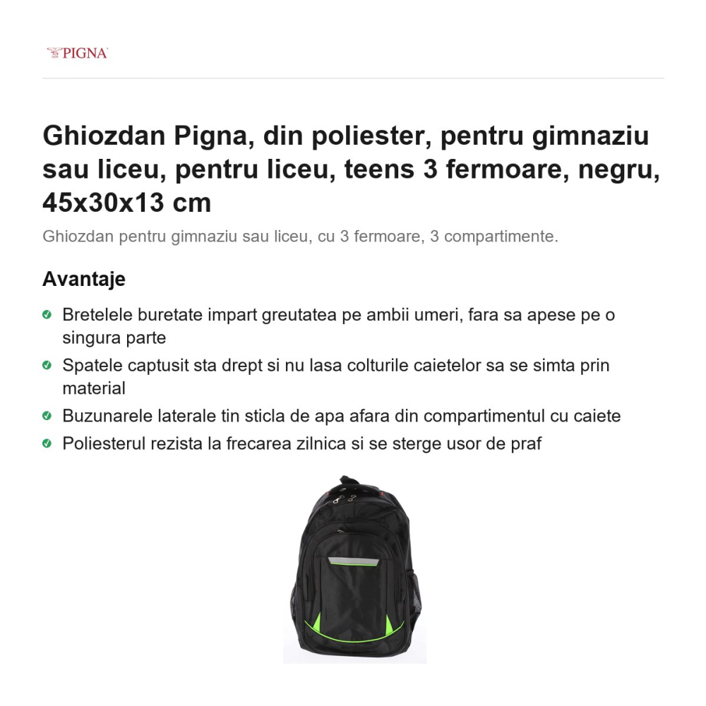 Ghiozdan Pigna, din poliester, pentru gimnaziu sau liceu, teens 3 fermoare, negru, 45x30x13 cm [2]