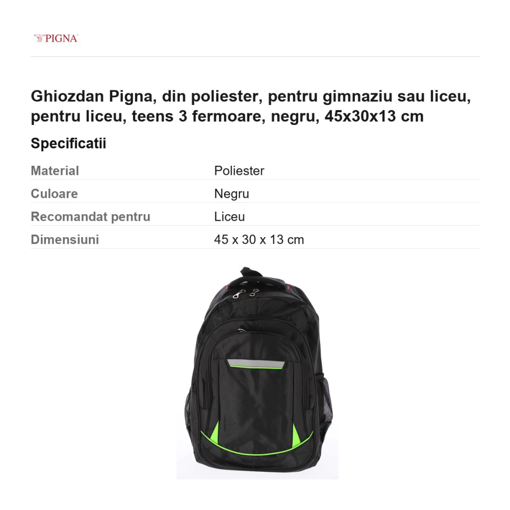 Ghiozdan Pigna, din poliester, pentru gimnaziu sau liceu, teens 3 fermoare, negru, 45x30x13 cm [3]