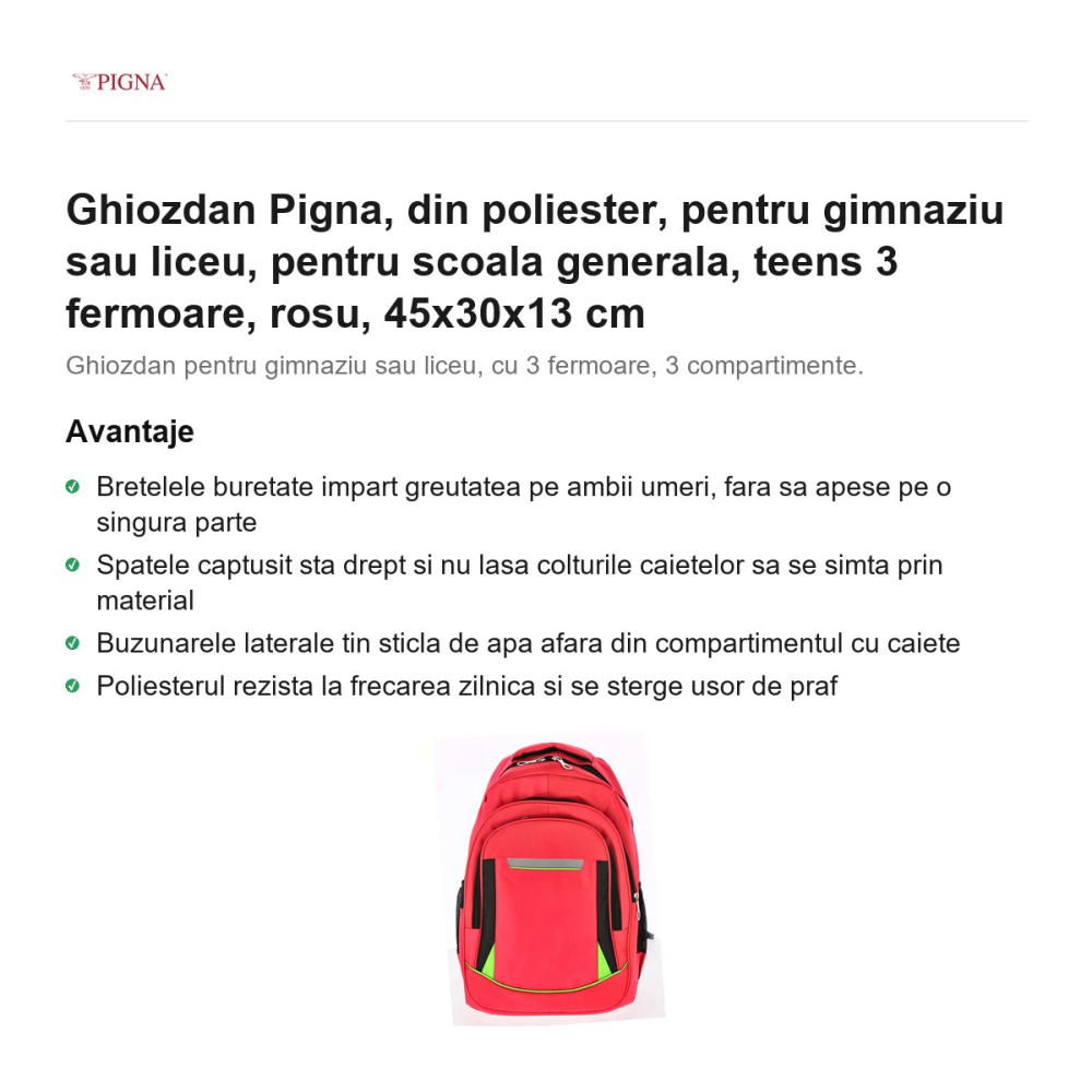 Ghiozdan Pigna, din poliester, pentru gimnaziu sau liceu, teens 3 fermoare, rosu, 45x30x13 cm [2]