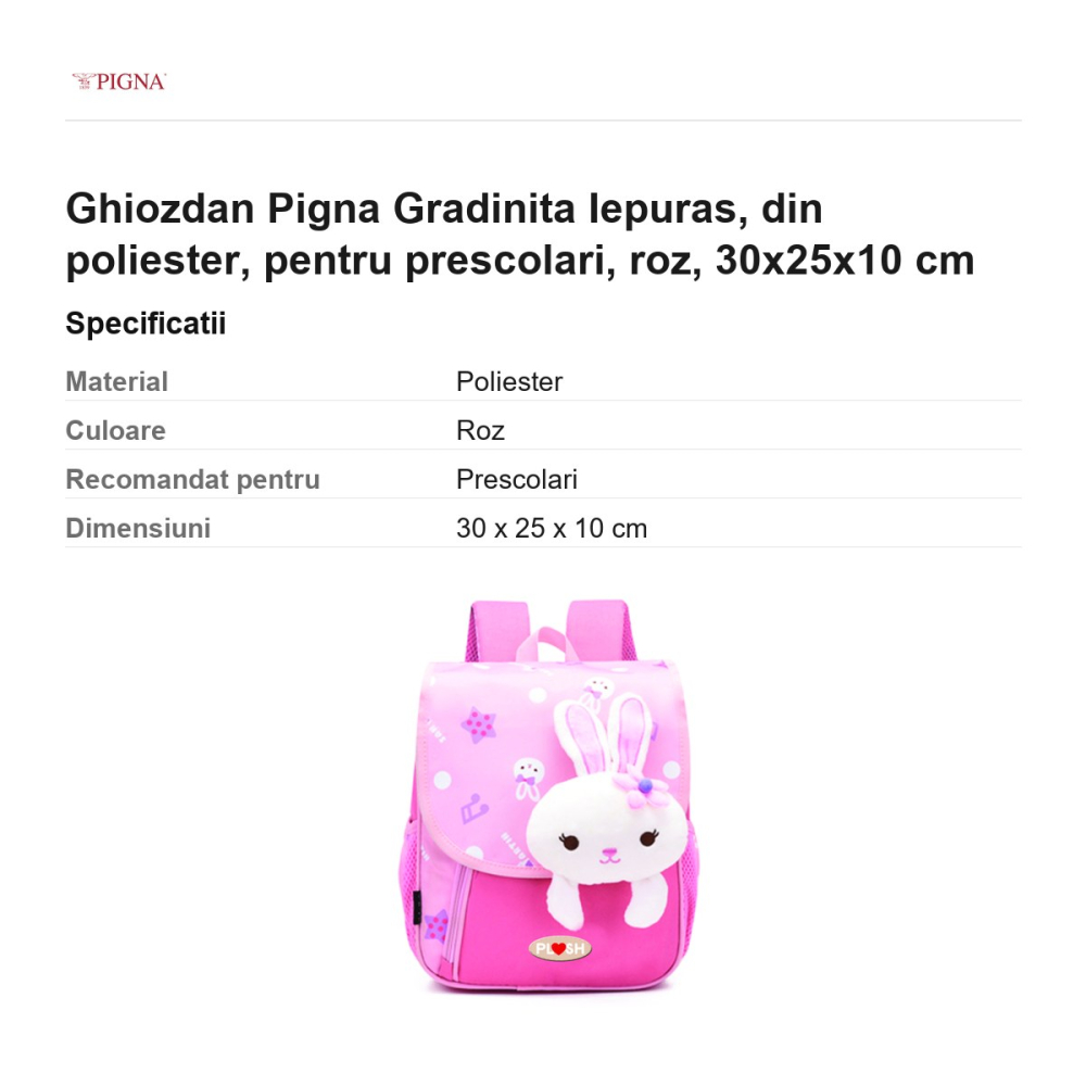 Ghiozdan Pigna, din poliester, pentru prescolari, iepuras, roz, 30x25x10 cm [3]