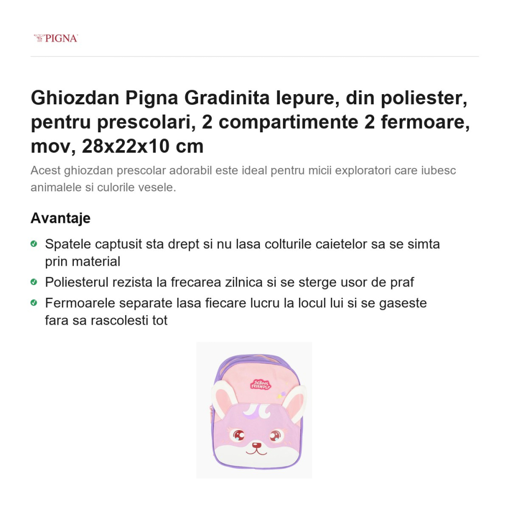 Ghiozdan Pigna, din poliester, pentru prescolari, iepure 2 compartimente 2 fermoare, mov, 28x22x10 cm [2]