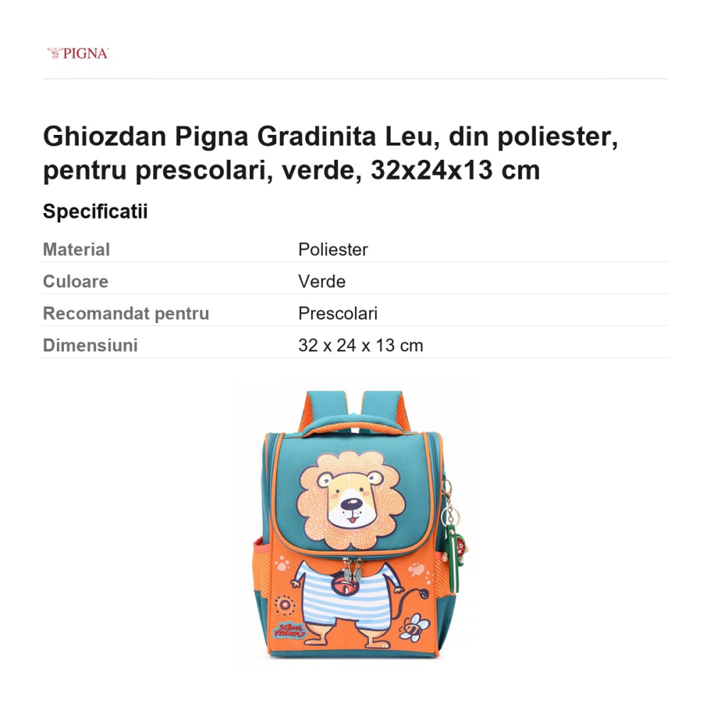 Ghiozdan Pigna, din poliester, pentru prescolari, leu, verde, 32x24x13 cm [3]