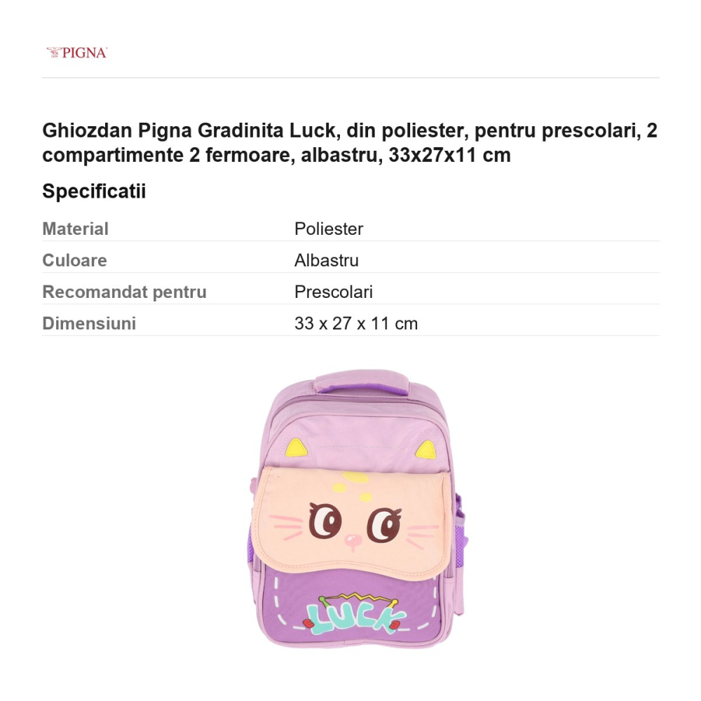 Ghiozdan Pigna, din poliester, pentru prescolari, luck 2 compartimente 2 fermoare, albastru, 33x27x11 cm [3]