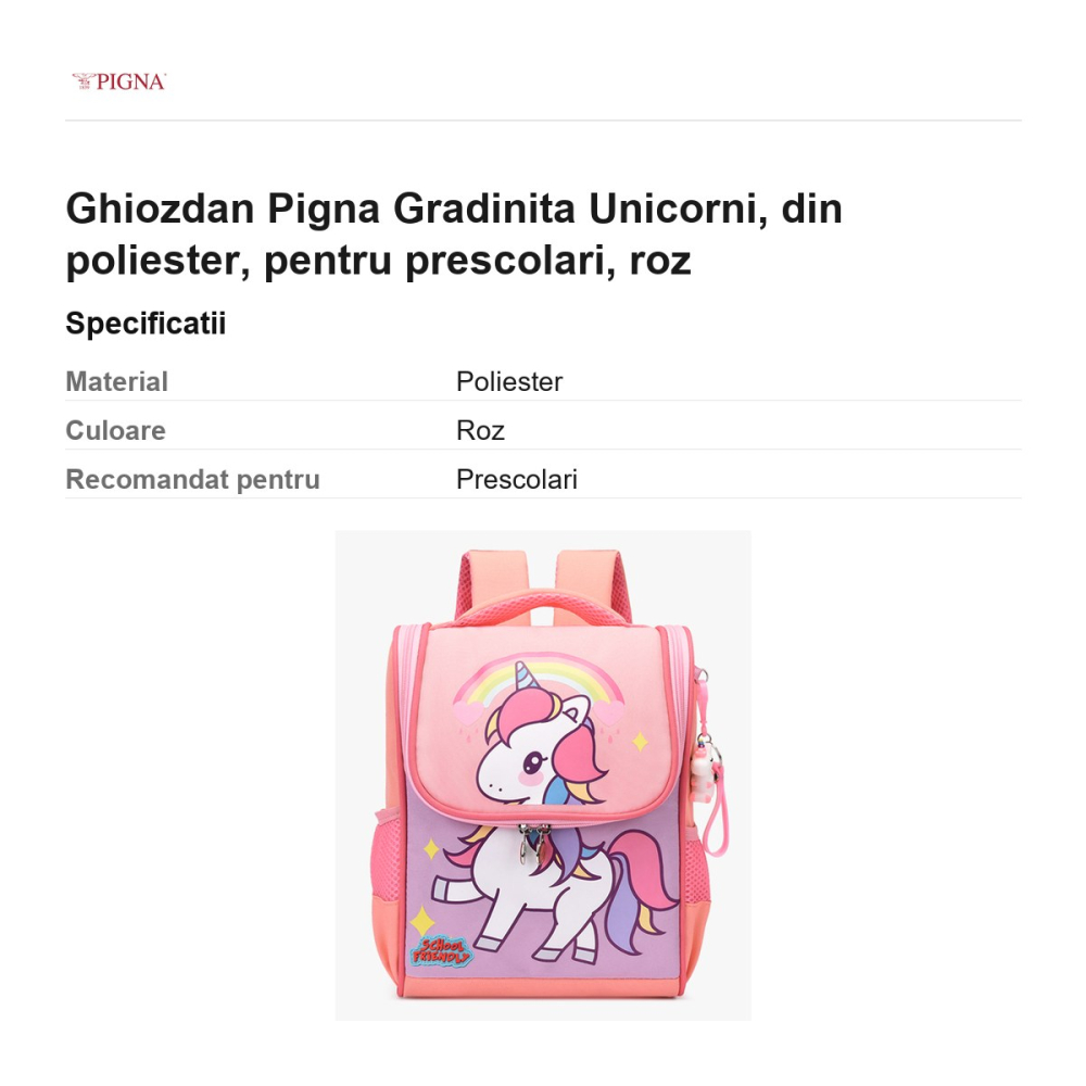 Ghiozdan Pigna, din poliester, pentru prescolari, unicorni, roz [3]