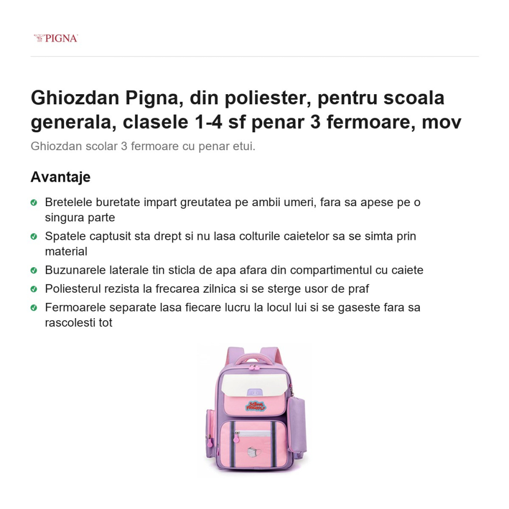 Ghiozdan Pigna, din poliester, pentru scoala generala, sf penar 3 fermoare, mov [2]