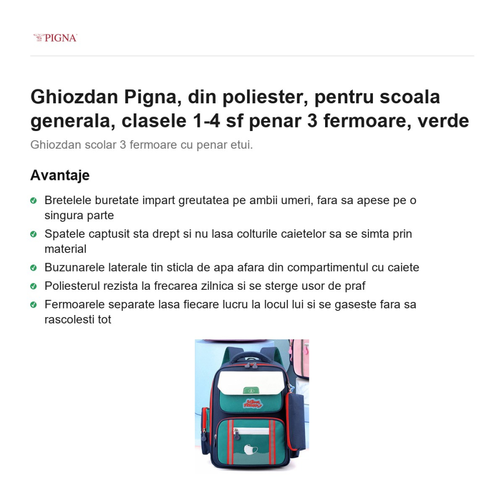 Ghiozdan Pigna, din poliester, pentru scoala generala, sf penar 3 fermoare, verde [2]