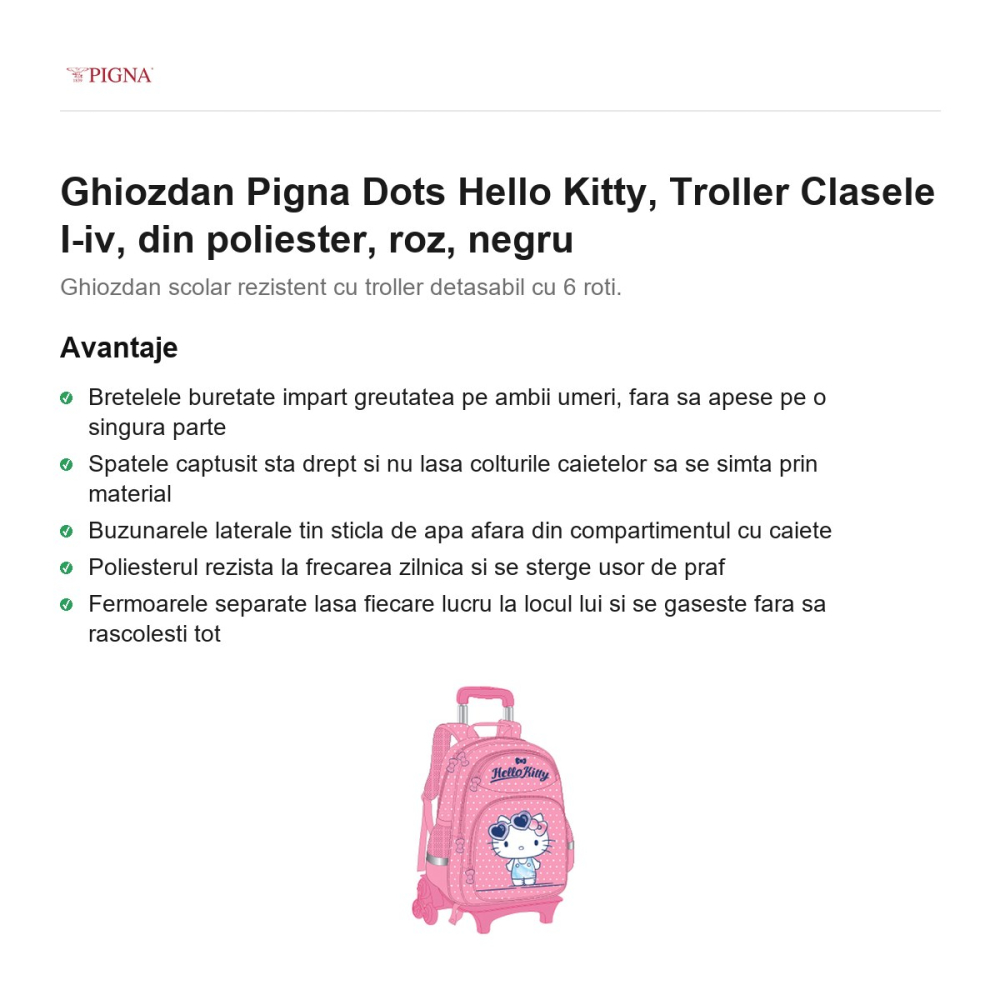 Ghiozdan Pigna Dots Hello Kitty, din poliester, troller clasele I-IV roz, negru [2]
