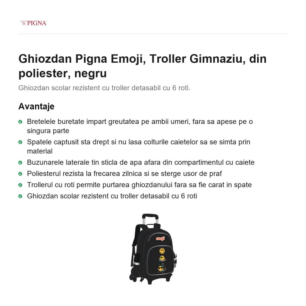 Ghiozdan Pigna Emoji, din poliester, troller gimnaziu, negru [2]