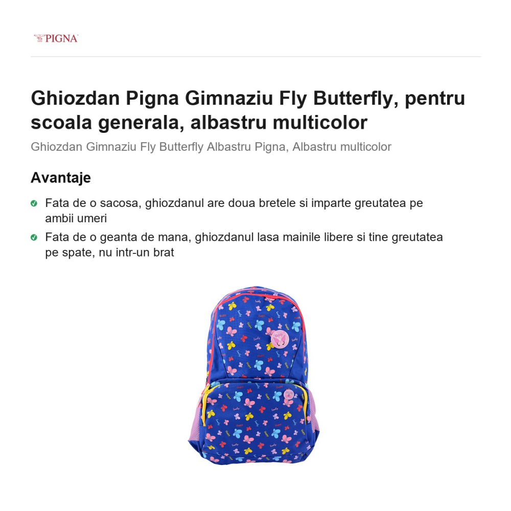 Ghiozdan Pigna Fly Butterfly, pentru scoala generala, albastru multicolor [2]