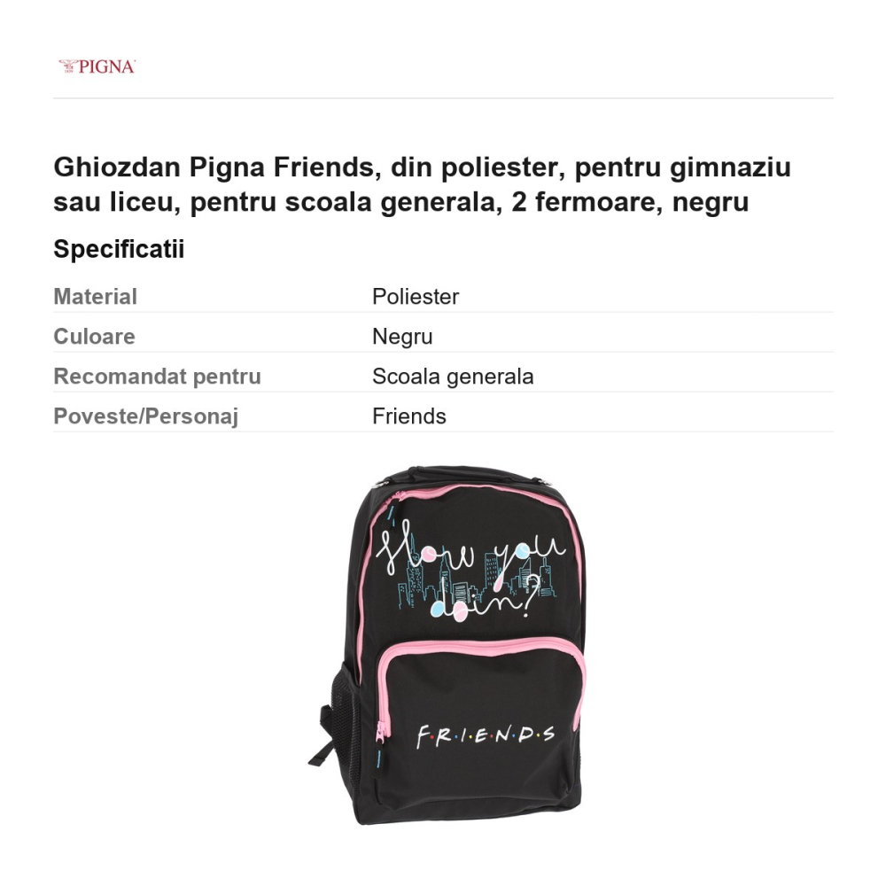 Ghiozdan Pigna Friends, din poliester, pentru gimnaziu sau liceu, 2 fermoare, negru [3]