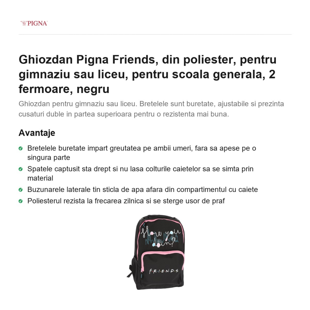 Ghiozdan Pigna Friends, din poliester, pentru gimnaziu sau liceu, 2 fermoare, negru [2]