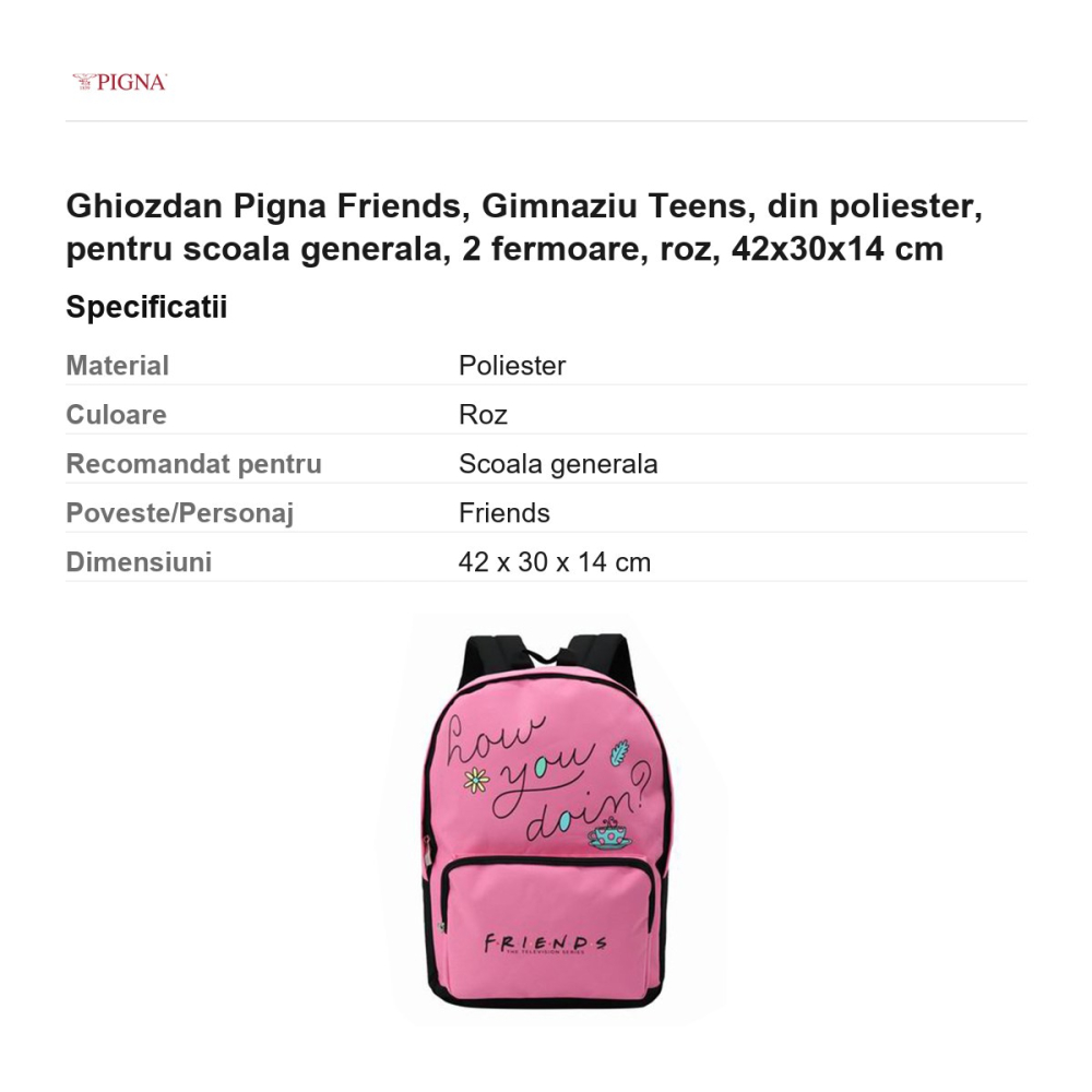 Ghiozdan Pigna Friends, din poliester, pentru scoala generala, teens 2 fermoare, roz, 42x30x14 cm [3]