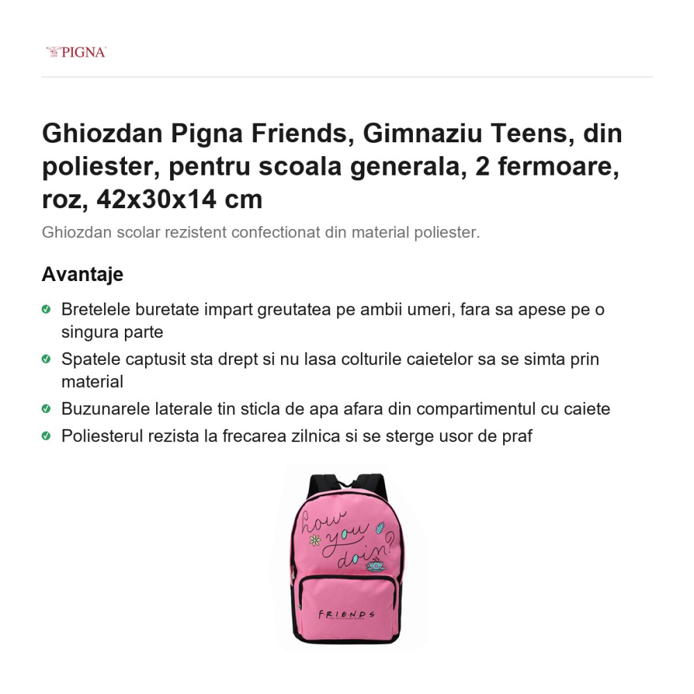 Ghiozdan Pigna Friends, din poliester, pentru scoala generala, teens 2 fermoare, roz, 42x30x14 cm [2]