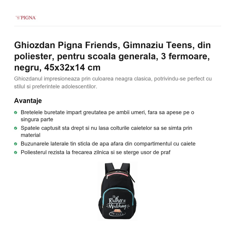 Ghiozdan Pigna Friends, din poliester, pentru scoala generala, teens 3 fermoare, negru, 45x32x14 cm [2]