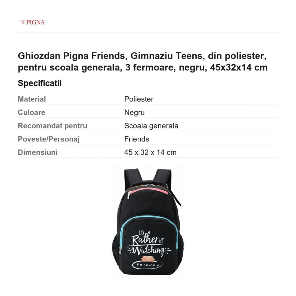 Ghiozdan Pigna Friends, din poliester, pentru scoala generala, teens 3 fermoare, negru, 45x32x14 cm [3]