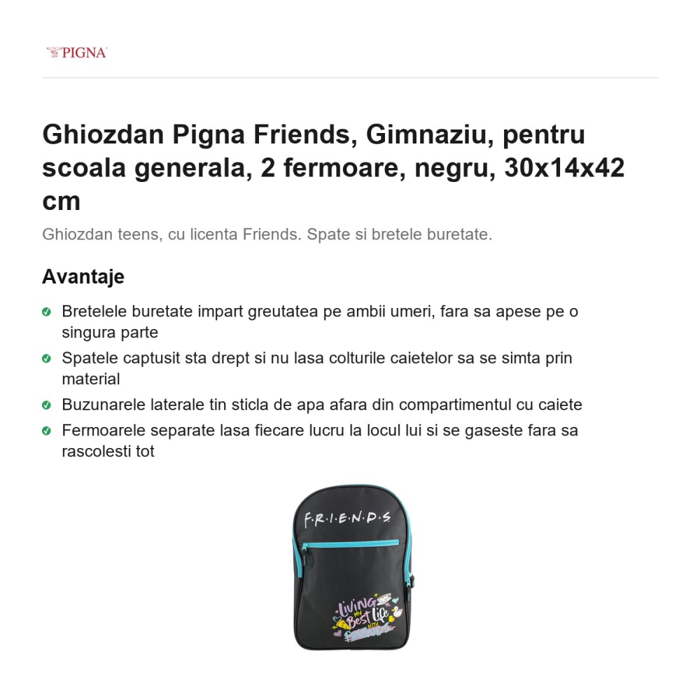 Ghiozdan Pigna Friends, pentru scoala generala, 2 fermoare, negru, 30x14x42 cm [2]