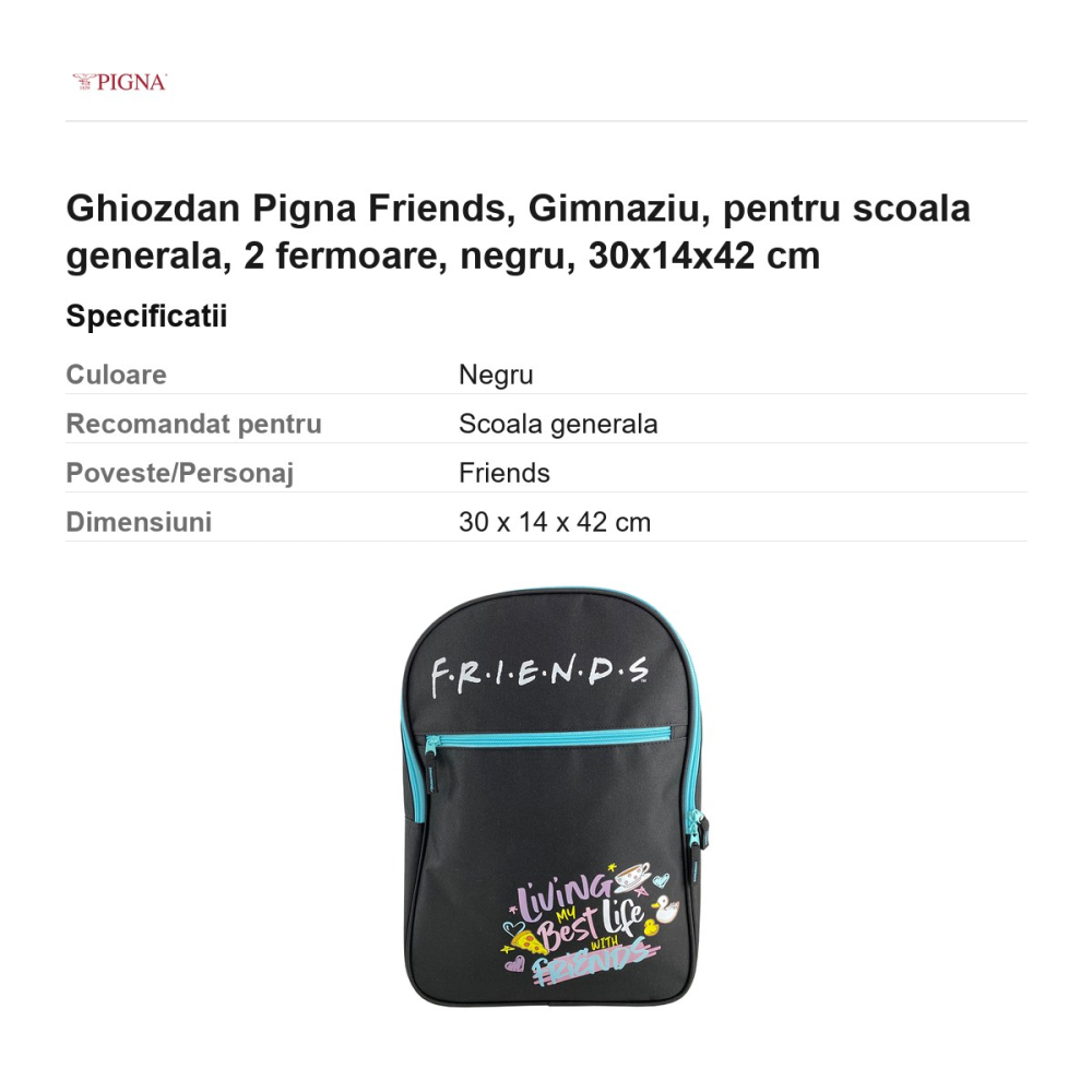 Ghiozdan Pigna Friends, pentru scoala generala, 2 fermoare, negru, 30x14x42 cm [3]