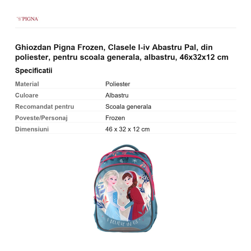 Ghiozdan Pigna Frozen, din poliester, pentru scoala generala, I-IV abastru pal, albastru, 46x32x12 cm [3]