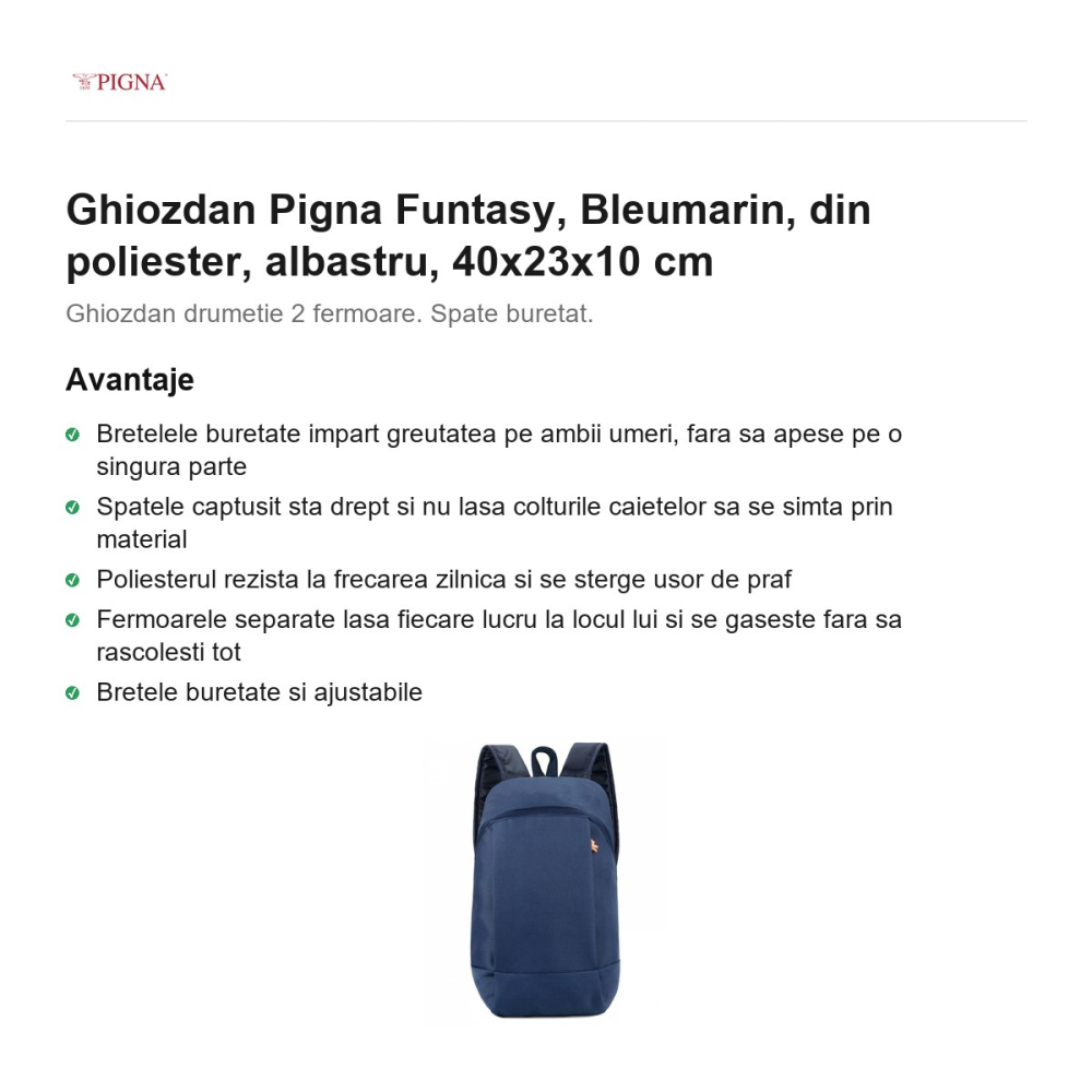 Ghiozdan Pigna Funtasy, din poliester, bleumarin, albastru, 40x23x10 cm [2]