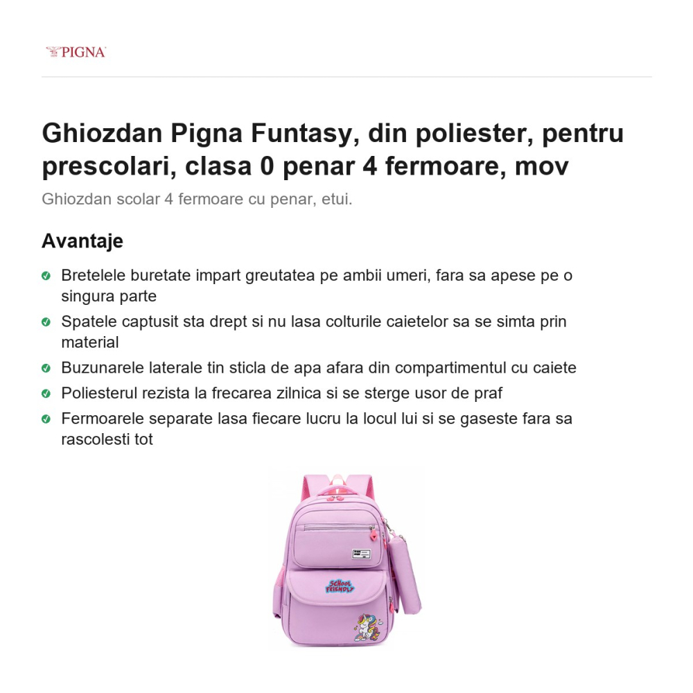 Ghiozdan Pigna Funtasy, din poliester, pentru prescolari, penar 4 fermoare, mov [2]