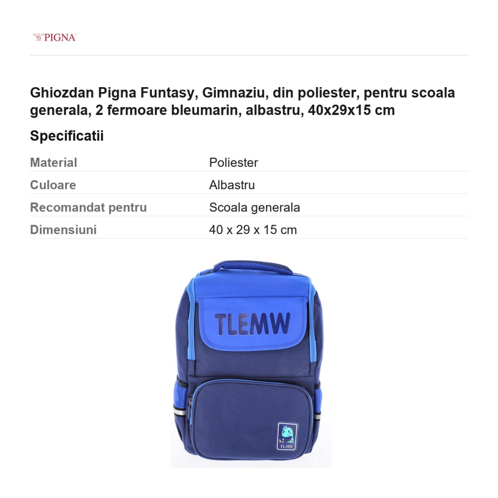 Ghiozdan Pigna Funtasy, din poliester, pentru scoala generala, 2 fermoare bleumarin, albastru, 40x29x15 cm [3]