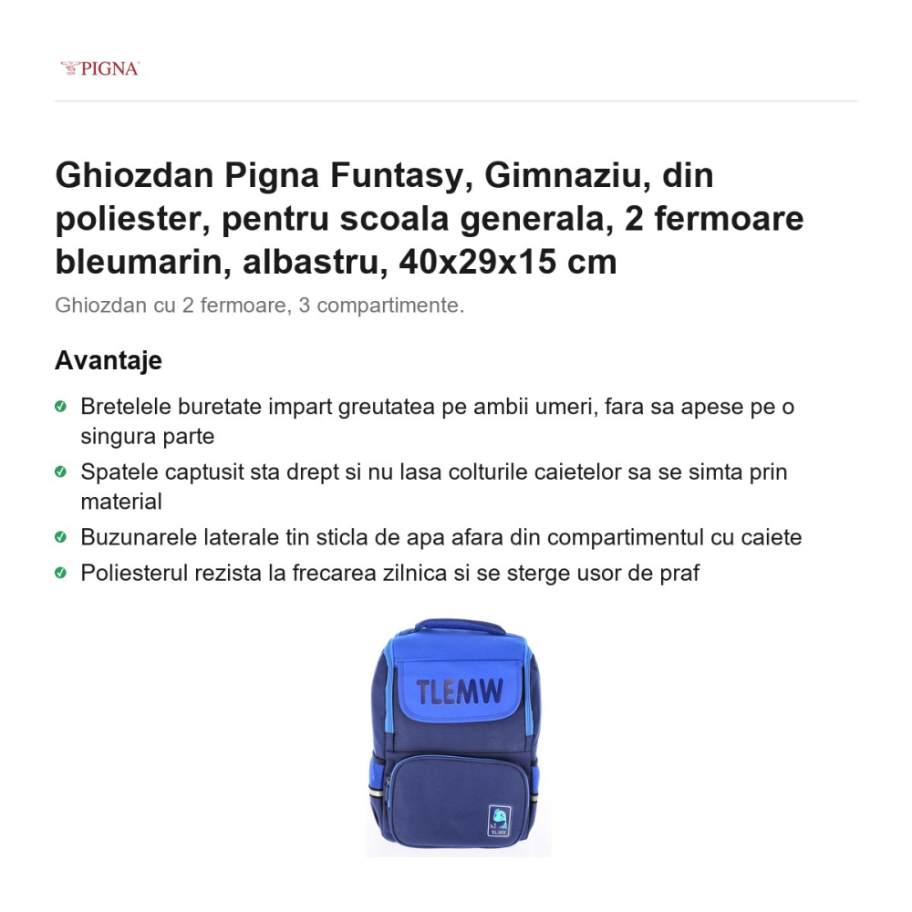 Ghiozdan Pigna Funtasy, din poliester, pentru scoala generala, 2 fermoare bleumarin, albastru, 40x29x15 cm [2]
