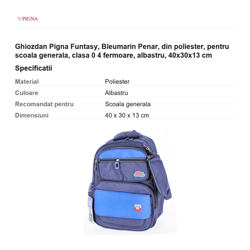 Ghiozdan Pigna Funtasy, din poliester, pentru scoala generala, clasa 0 bleumarin penar 4 fermoare, albastru, 40x30x13 cm [3]