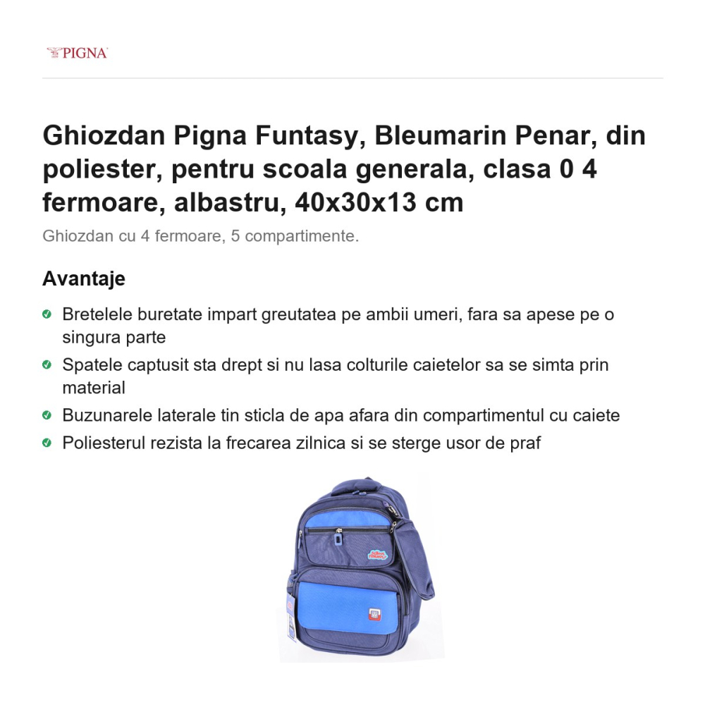 Ghiozdan Pigna Funtasy, din poliester, pentru scoala generala, clasa 0 bleumarin penar 4 fermoare, albastru, 40x30x13 cm [2]