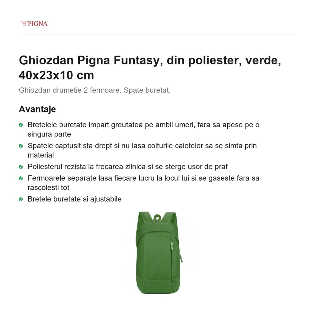 Ghiozdan Pigna Funtasy, din poliester, verde, 40x23x10 cm [2]