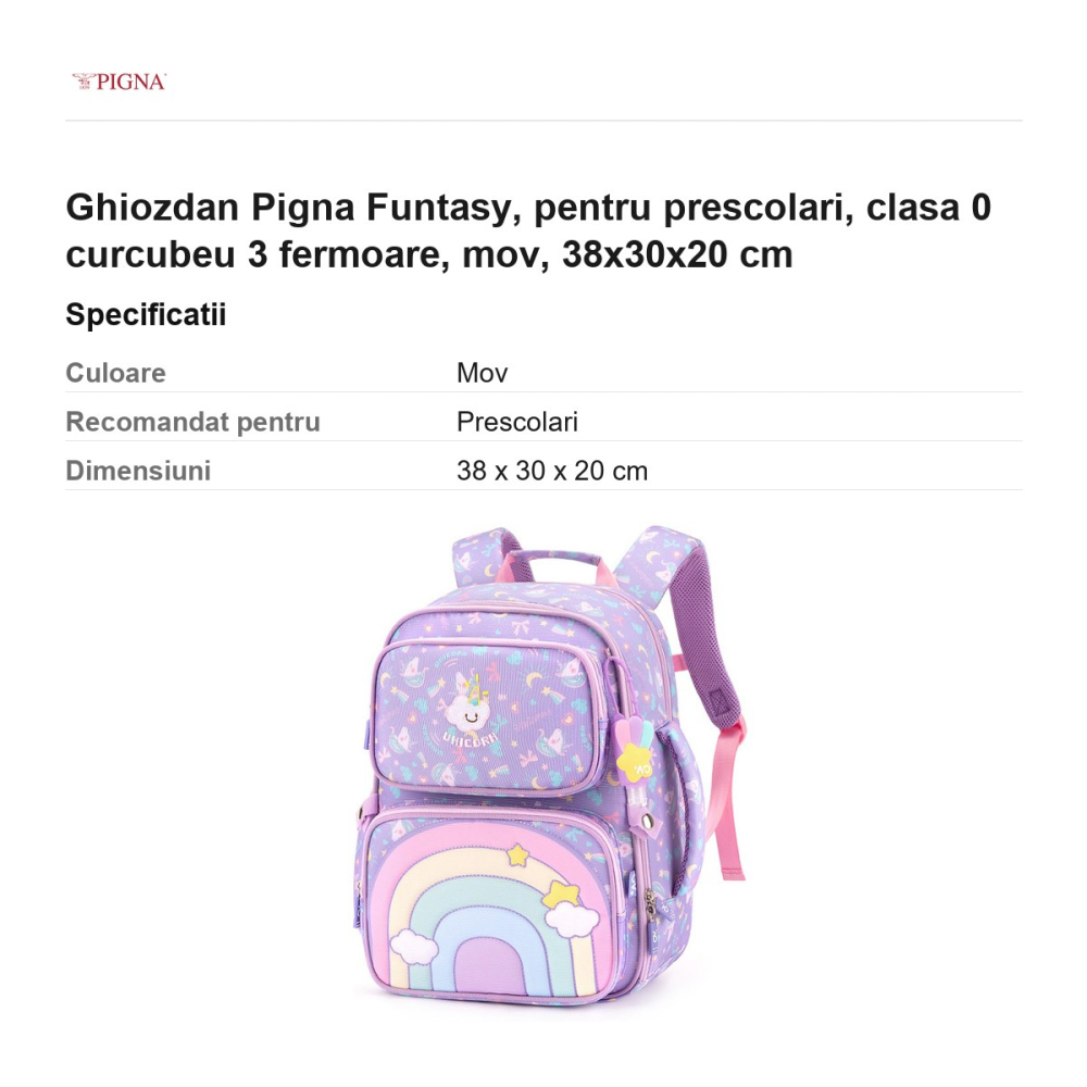 Ghiozdan Pigna Funtasy, pentru prescolari, curcubeu 3 fermoare, mov, 38x30x20 cm [3]