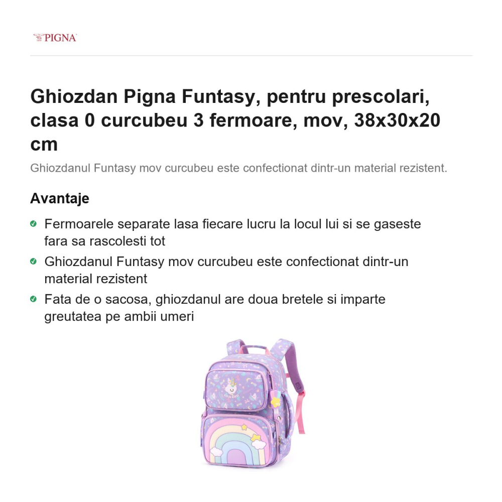 Ghiozdan Pigna Funtasy, pentru prescolari, curcubeu 3 fermoare, mov, 38x30x20 cm [2]